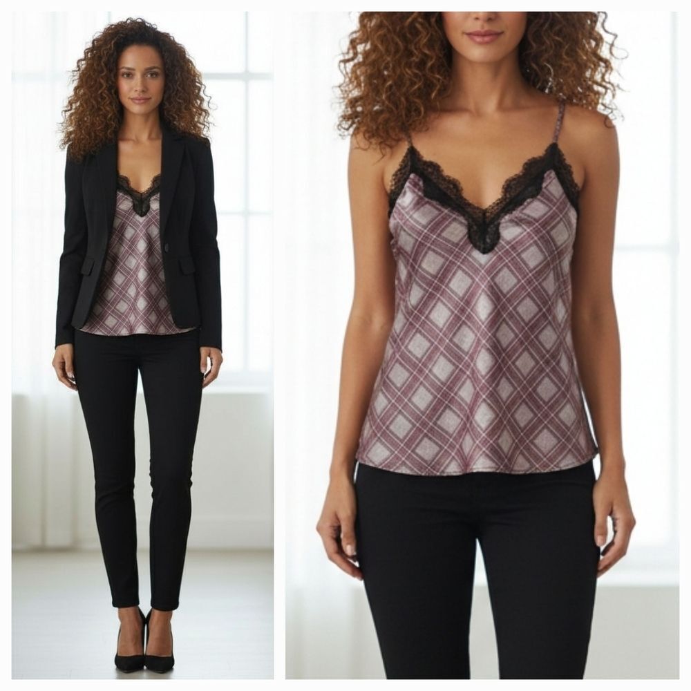 Victoria's Secret Pink and Black Houndstooth Tweed Satin Lace Cami Size Small